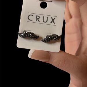 Crux Black hematite rhinestone Mustache Earrings NEW